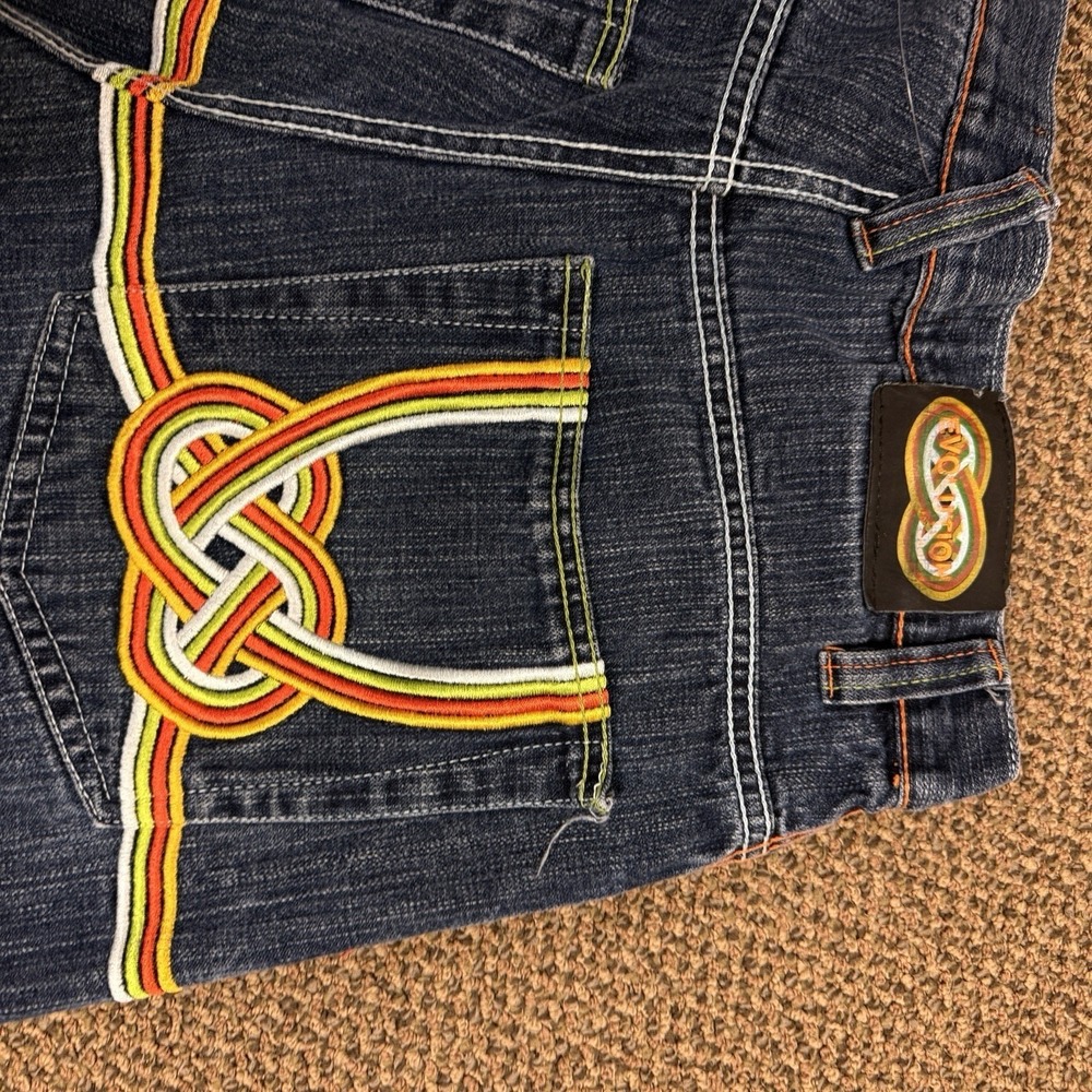 Evolution In Design Mens Wide Leg Jeans Blue Embroidered Infinity Knot Y2K 36x32